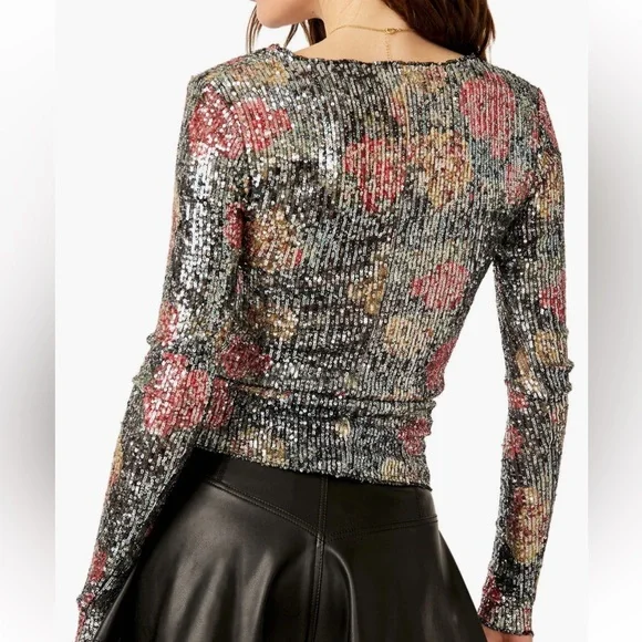 Free People Intimately Black Floral Sequin Long Sleeve in Amethyst Combo NWT - Picture 2 of 6
